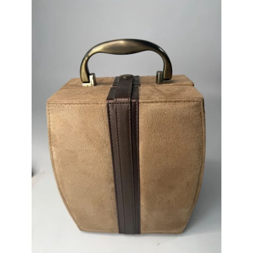 Vintage 1960s Travel Jewelry Case Valet Box Faux Suede Brown Tan Mirror